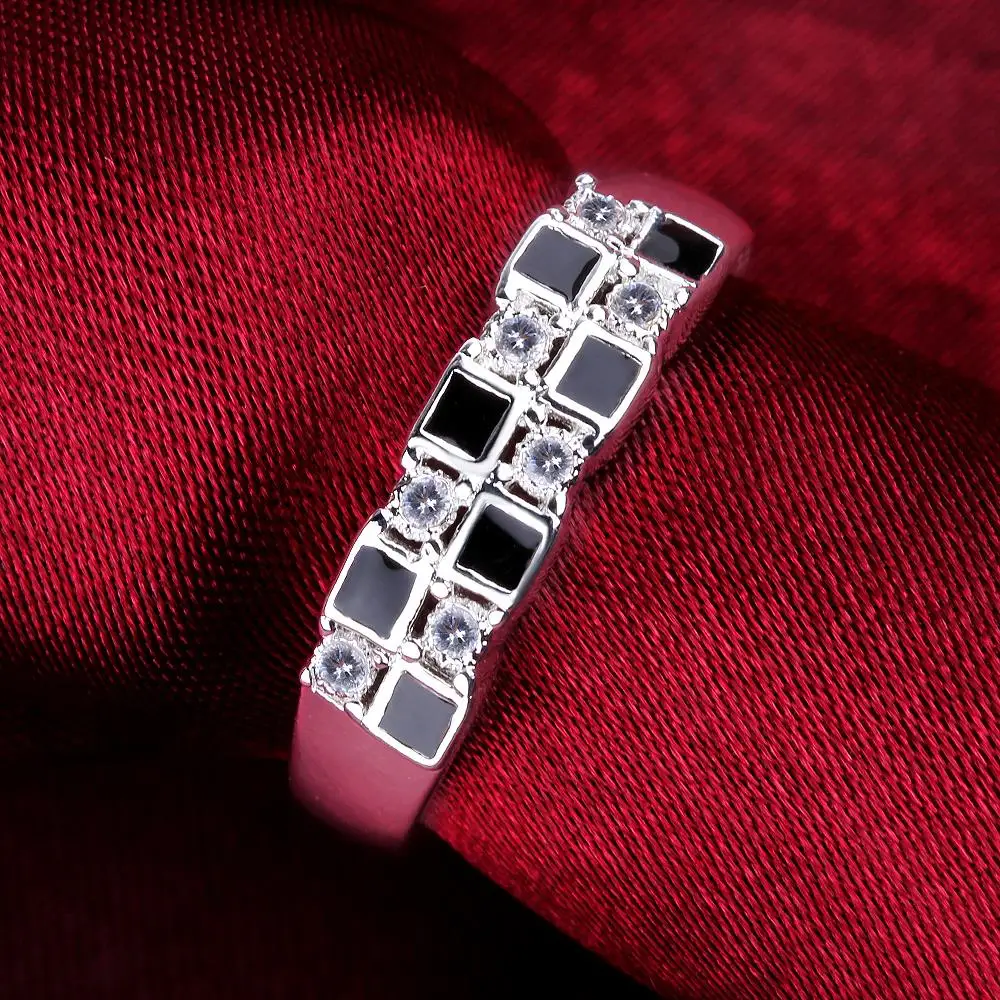 

New Hot 925 Sterling Silver Rings For Women Fine Crystal Black And White Grid Fashion Party Gifts Lady Charm Wedding Jewelry