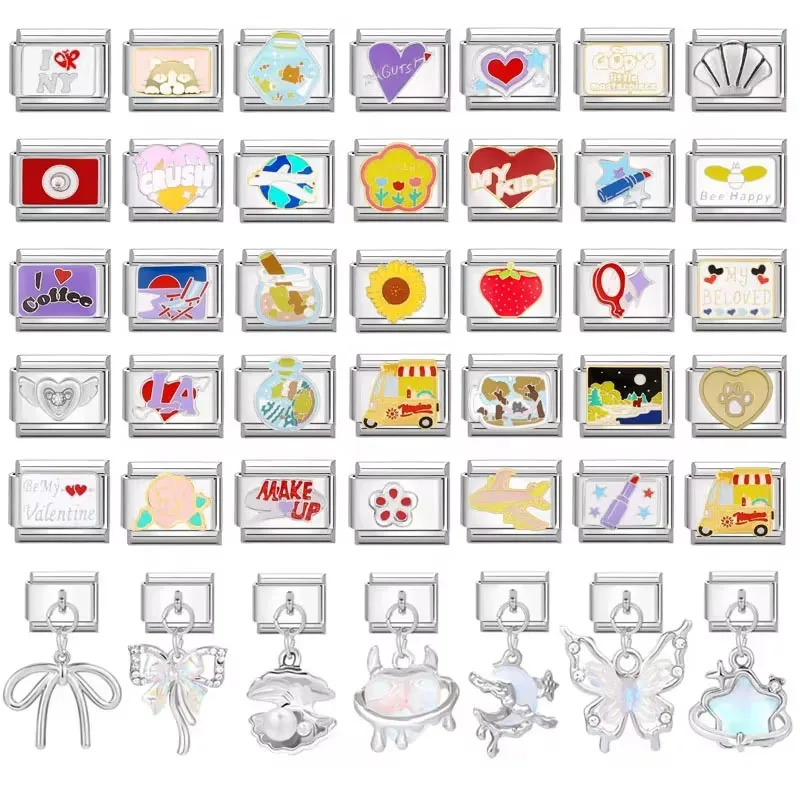 Cute Cats Fish Tank Shell Sunflowers Heart Italian Charm Links Fit 9mm Stainless Steel Bracelet Women Jewelry DIY Making Gifts