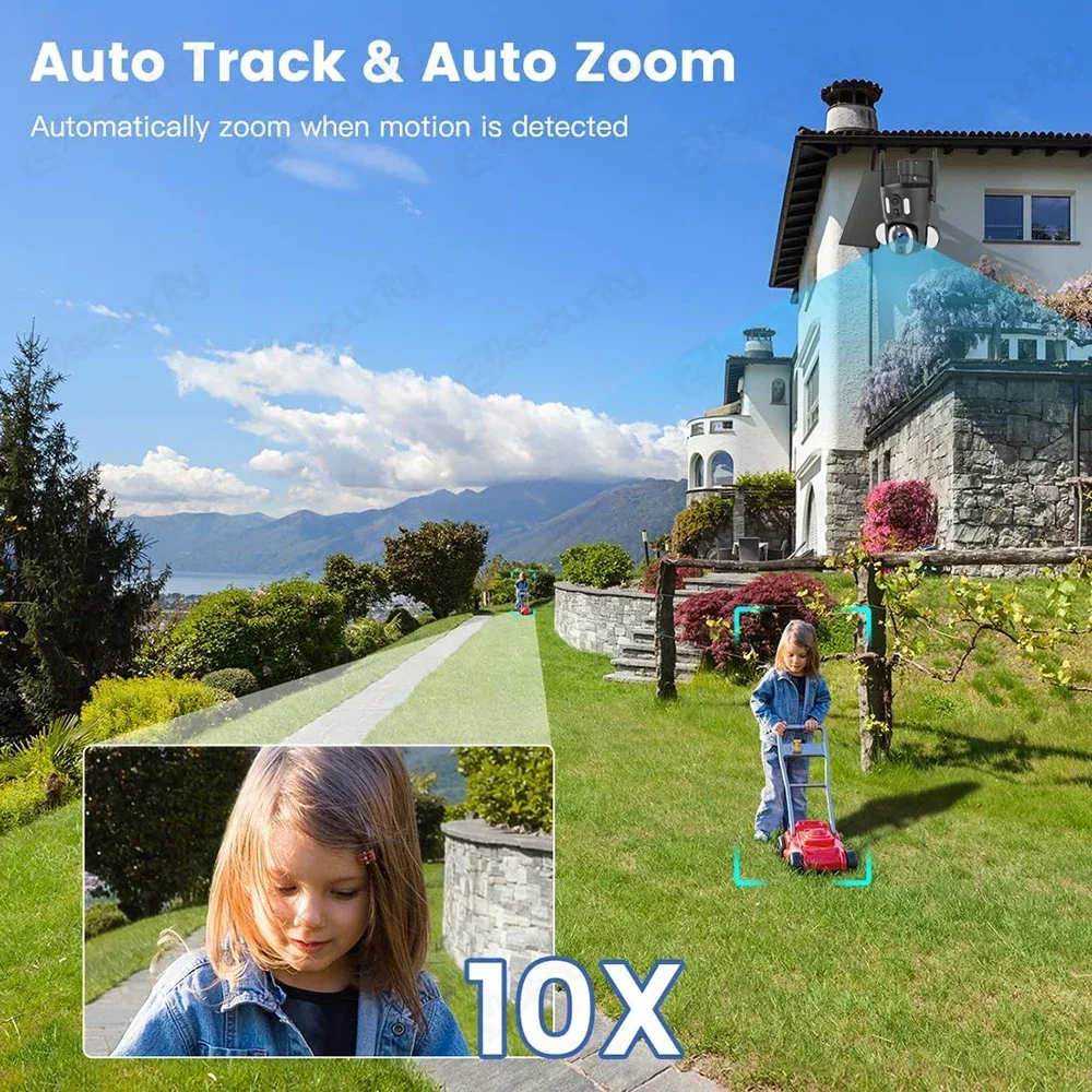 5MP Dual-Lens 4G LTE Security Camera 10X Optical Zoom 9W Solar Powered PTZ IP Camera,Auto Tracking,AI Detection,Spotlight Color