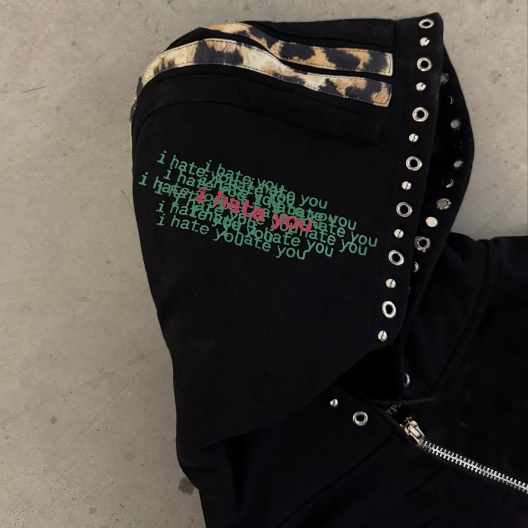 เสื้อฮู้ดลายเสือดาว Y2K แบบมีซิป สไตล์ลำลอง ทรงหลวม แฟชั่นสตรีทแวร์ เสื้อสเวตเชิ้ตพิมพ์ลายตัวอักษรสุดเทรนดี้