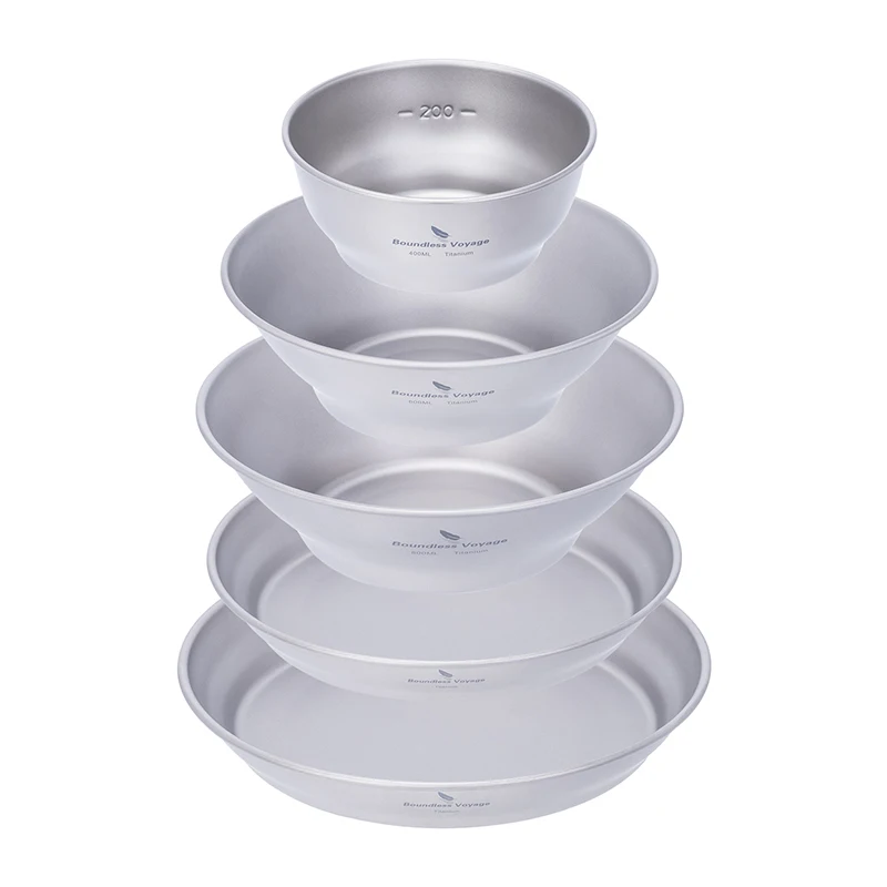 Boundless Voyage Titanium: set van enkelwandige kommen en borden, ideaal voor kampeertafelgerei, inclusief opbergtas. Lichtgewicht en duurzaam.