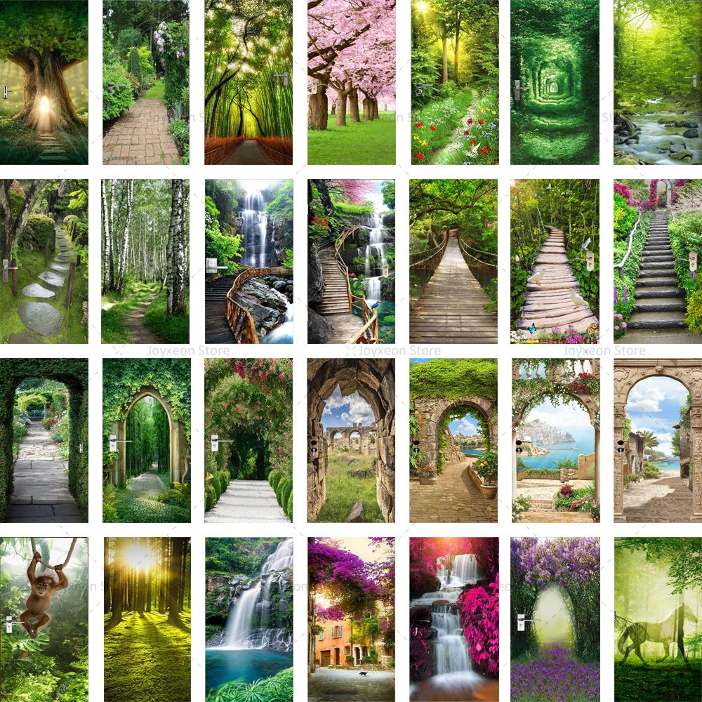Green Forest Door Stickers Natural Atmosphere Poster Vinyl PVC Waterproof Self-adhesive Mural Natural Plant Door Stickers