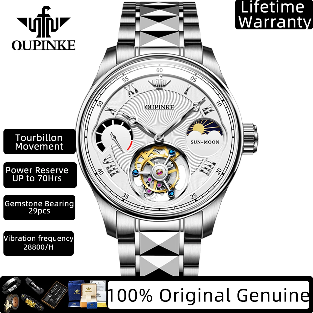 OUPINKE Real Tourbillon Mechanical Watches for Men High-end Luxury Brand Original Multi-functional Moon Phase Men's Watches 8001