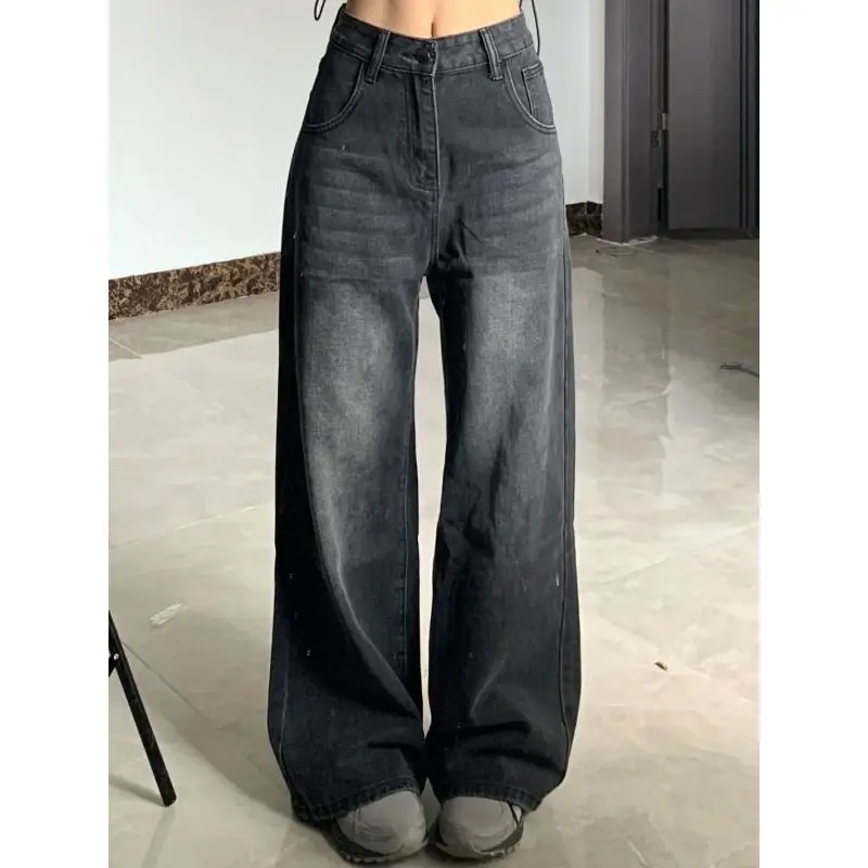 Pantalones de pierna ancha de gran tamaño para mujer, ropa de calle Vintage, pantalones vaqueros coreanos holgados negros, pantalones vaqueros Y2K