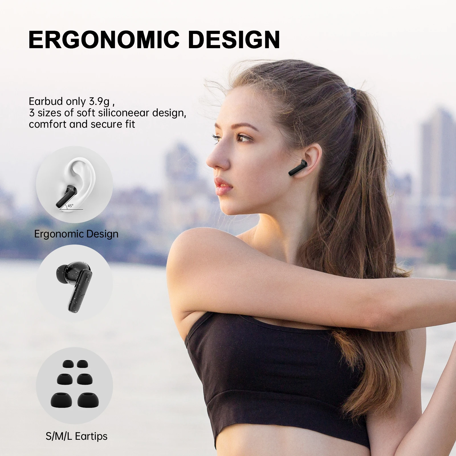 Bluetooth 5.3-oordopjes 40 uur speeltijd, hifi-geluid met ENC-microfoon, IPX7 waterdicht, comfortabele pasvorm draadloze koptelefoon voor iOS Android