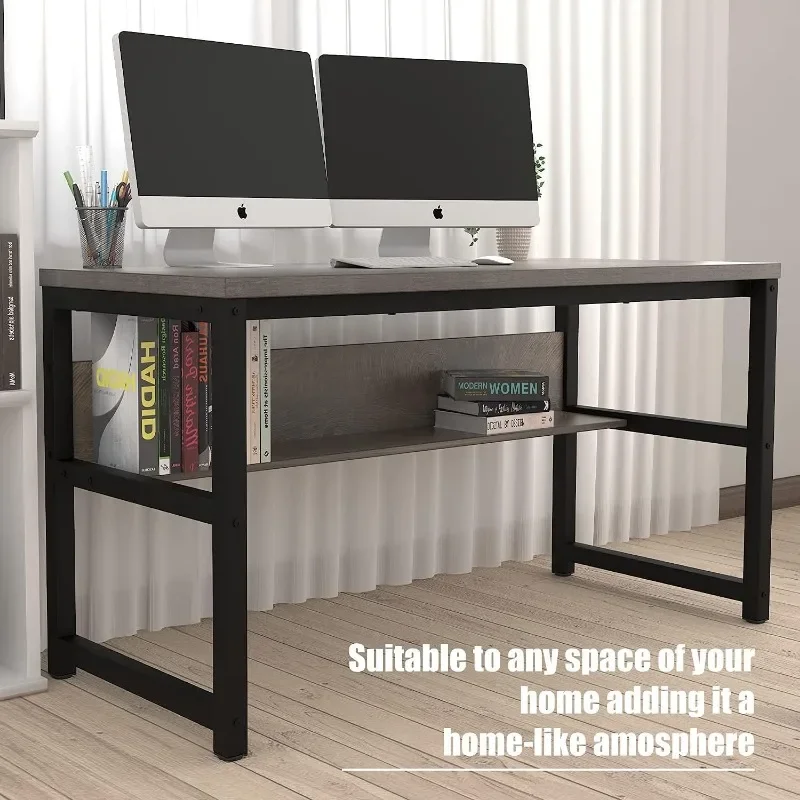 Computer Desk with Bookshelf/Metal Hole Cable Cover 1.18" Thick Desk (55", Espresso Gray)