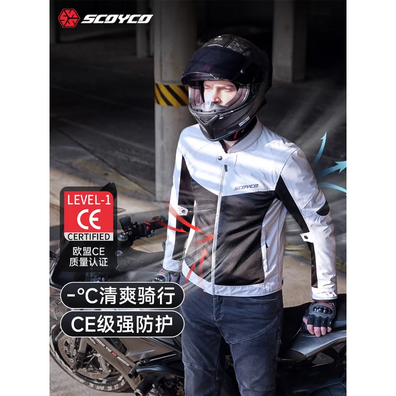 SCOYCO Spring Summer Mesh Motorcycle Jacket Breathable Windproof CE Protective Riding Coat for Men Women JK118-2