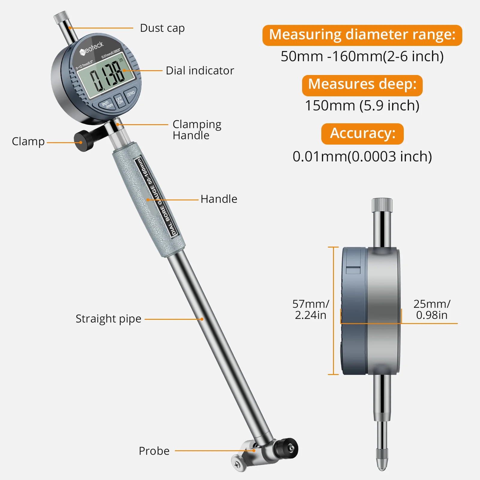 Neoteck-アルミニウム合金デジタルインジケーター,50-160mmインジケーター,0.01mmダイヤル,内部測定シリンダーツール