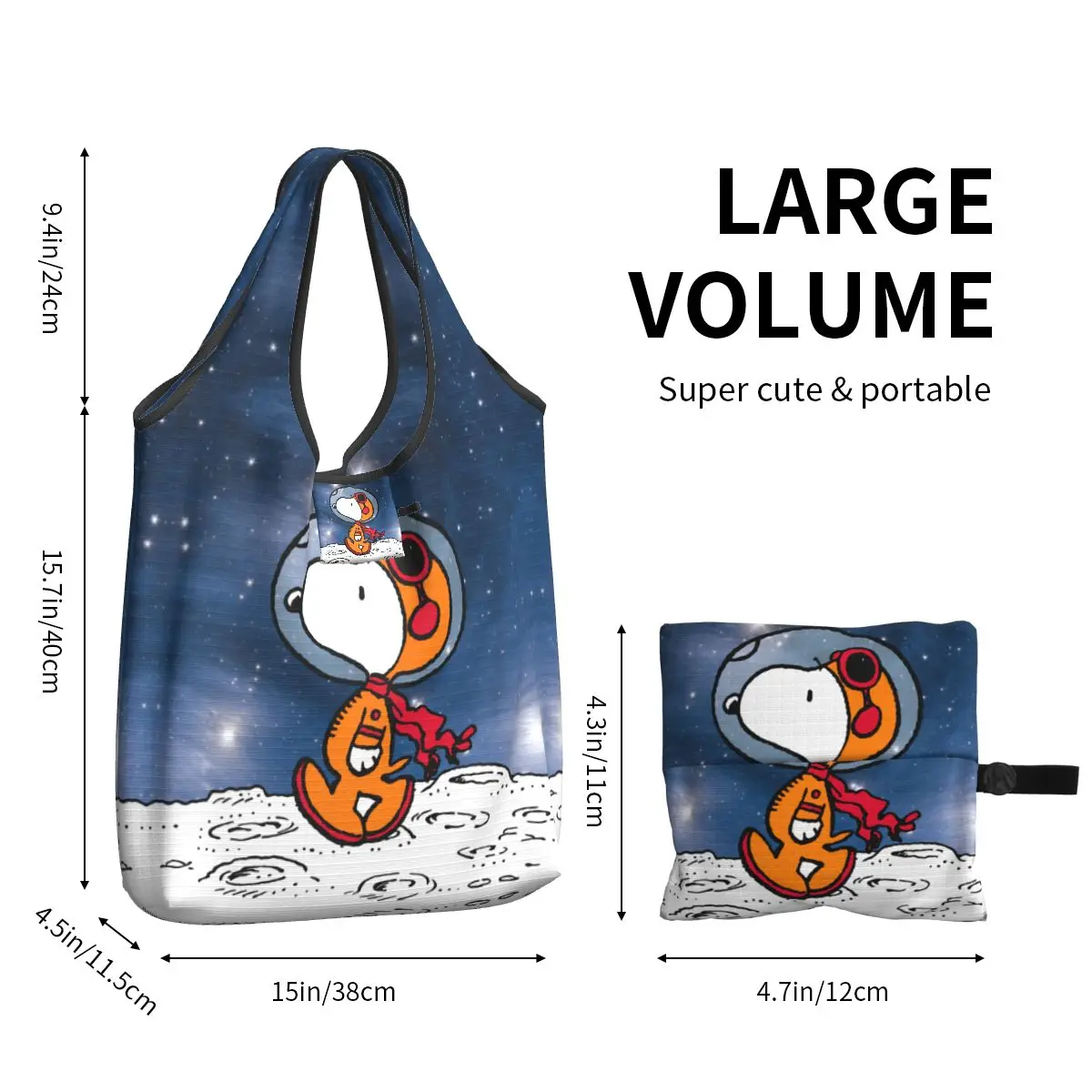 Reusable SPACE Snoopy Astronaut Cute Shopping Bags for Groceries Foldable Grocery Bags Washable Large Tote Bags