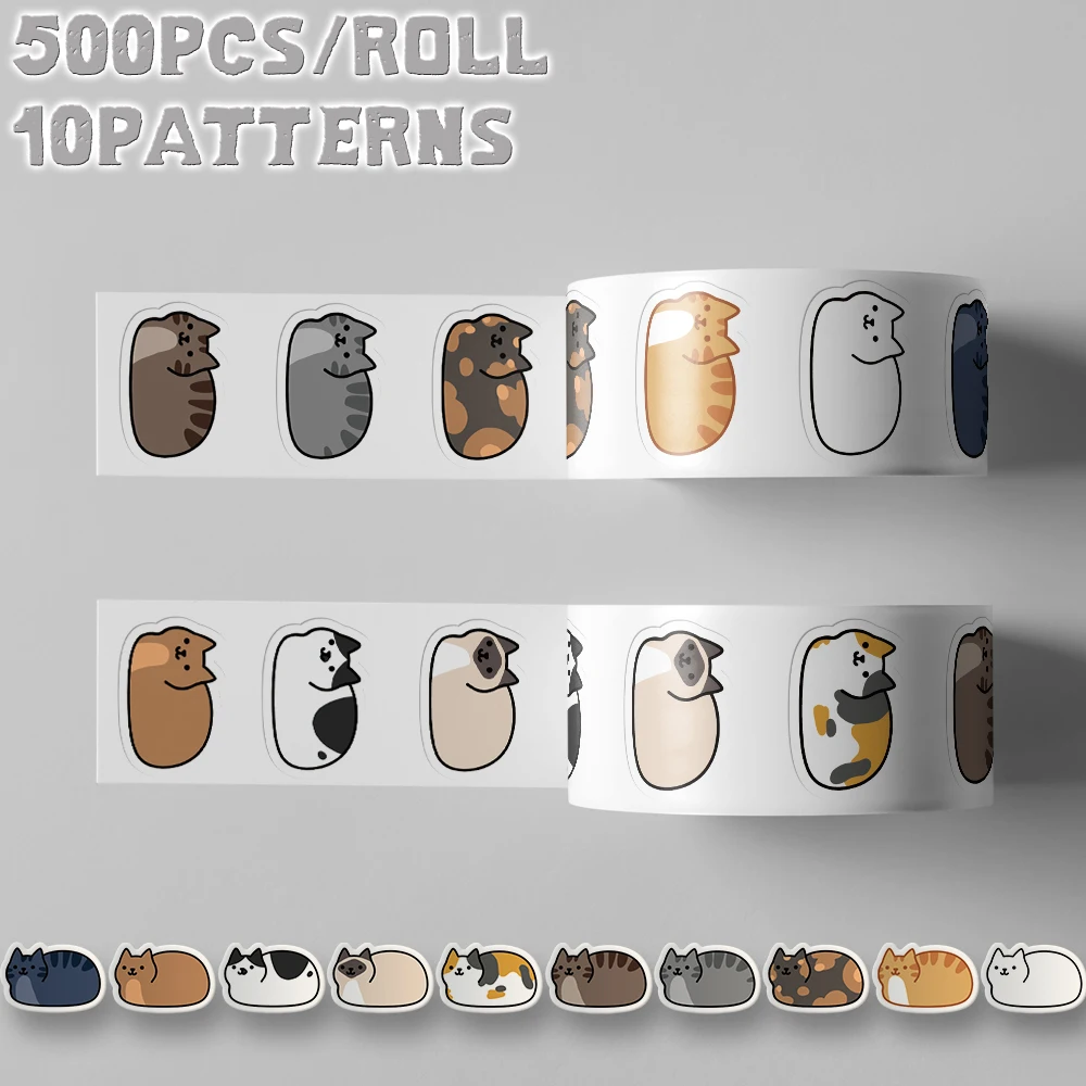 

1roll/500pcs cute cat themed sticker roll delicate decoration for holiday gift party decor Back to school Class reward Birthday