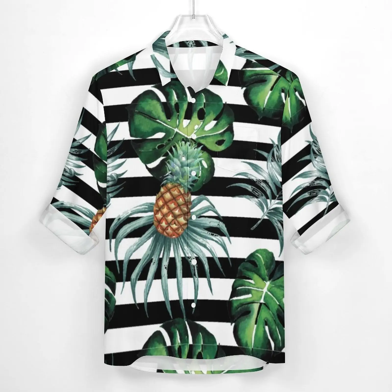 Watercolor Tropical Shirt Male Pineapple And Stripes Casual Shirts Autumn Street Style Blouses Long Sleeve Novelty Oversize Tops