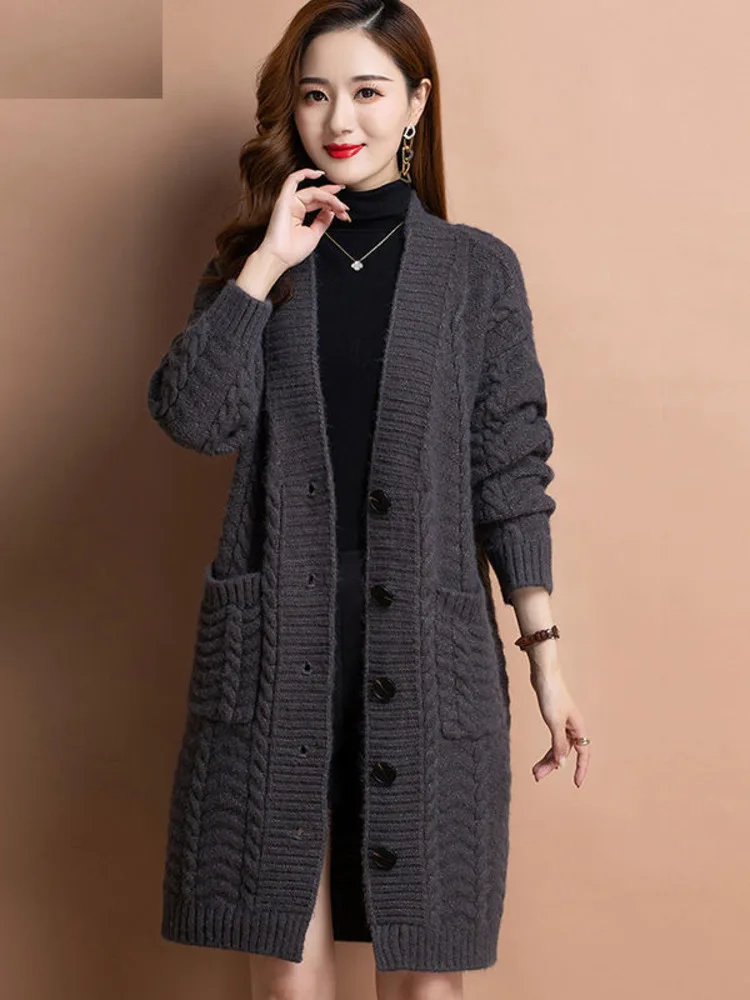 

New Women Autumn Long Sleeve Loose V Neck Knitted Cardigan Fashion Coat Casual Tops Basic Temperament Sweater