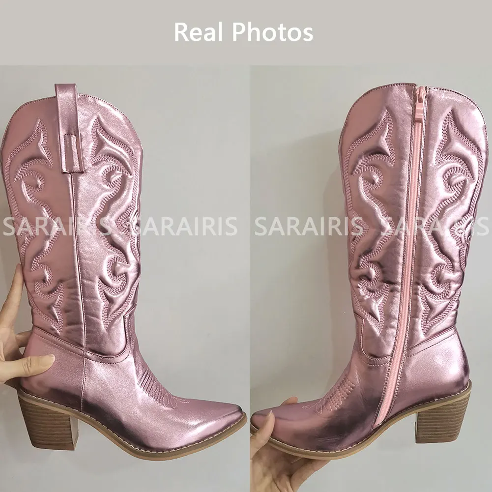 Pink Cowgirl Boots Women Western Boots Brand New 2022 Winter Embroidery Pointed Toe Cowboy Women Knee High Boots Shoes