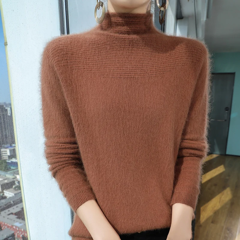 Customization Autumn Winter 100% Mink Cashmere Women's Sweater Half Turtleneck Pullover Knitted Loose Simple Top Warm Base Shirt