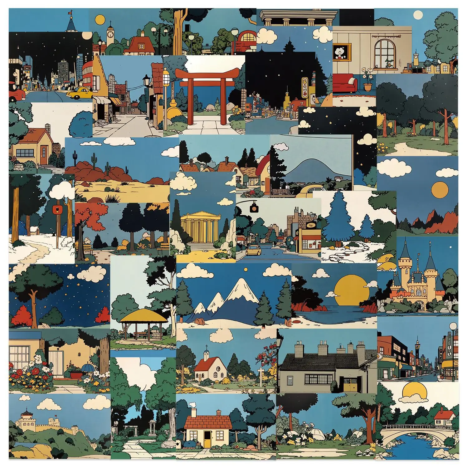 

10/30/50PCS Retro Cartoon Landscape Graffiti Stickers For Laptop DIY Guitar Luggage Bike Skateboard Waterproof Sticker Toys Gift