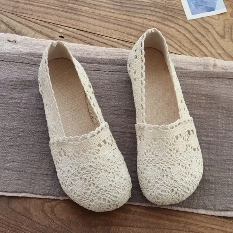 

2025 Summer crochet flats women's elegant breathable shoes woman soft mesh loafers lady casual ankle wrap flats fisherman shoes