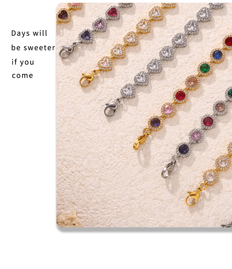 Farbiges Zirkonia-Herzarmband für Damen aus 316 Edelstahl, Vergoldet, Luxuriöser Armreif, Damen-Charm-Schmuck-Accessoires – Detail 11