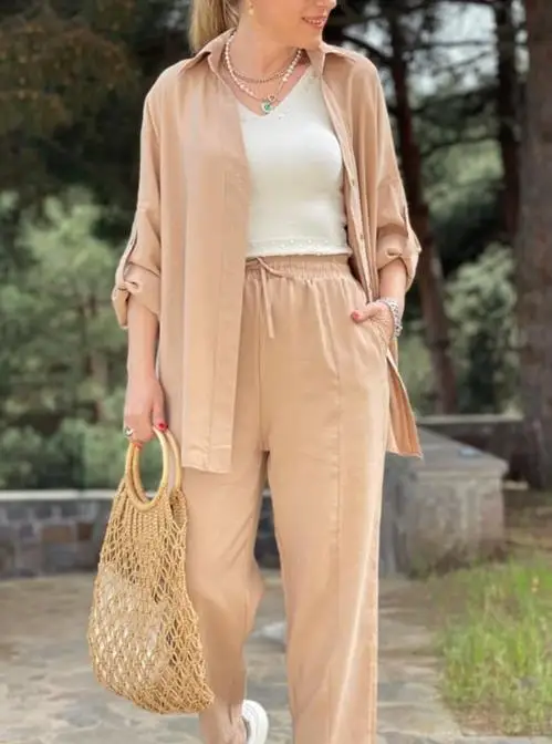 

Летние комплекты брюк с воротником, однобортная рубашка, куртка и прямые брюки на шнуровке, комплект для женщин, однотонный повседневный комплект из 2 предметов