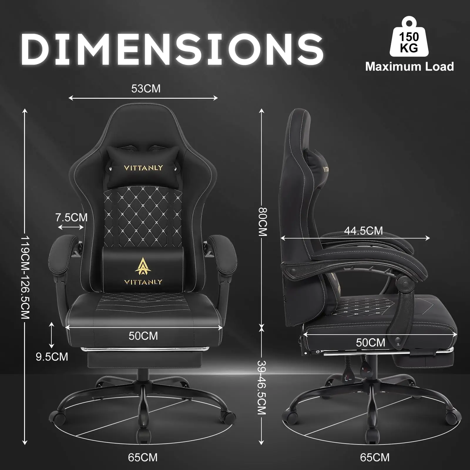 Vittanly Gaming-Stuhl mit Federkissen, ergonomischer Gaming-Stuhl, Gamer-Stuhl mit Kopfstütze, Lendenkissen und Fußstütze, höhenverstellbarer drehbarer Gaming-Stuhl, Bürostuhl, 150 kg