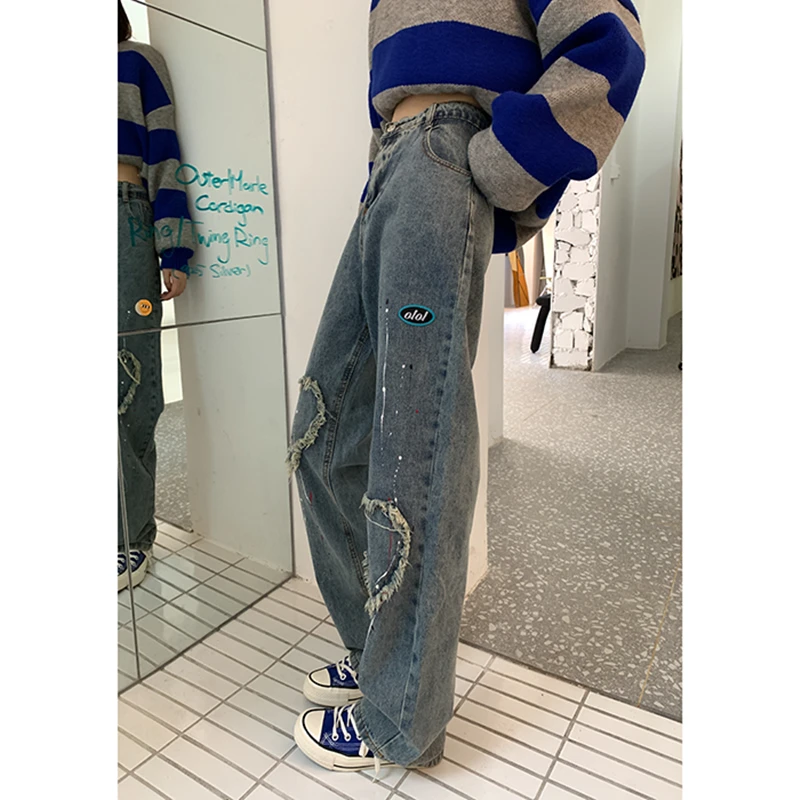 Women's Jeans High Waist Splash Ink Design Fashion Streetwear Hip Hop Straight Pants Baggy Vintage Female Wide Leg Denim Trouser