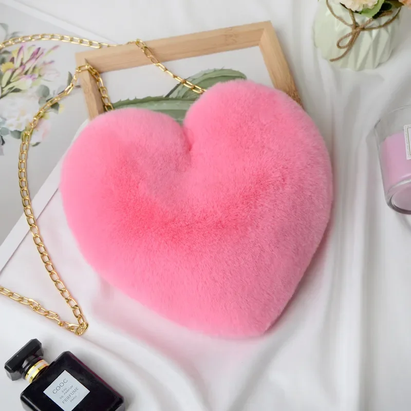 Bolso bandolera con forma de corazón, de felpa, imitación de piel de conejo, con cadena gruesa, bolso cruzado de hombro, estilo versátil para niñas