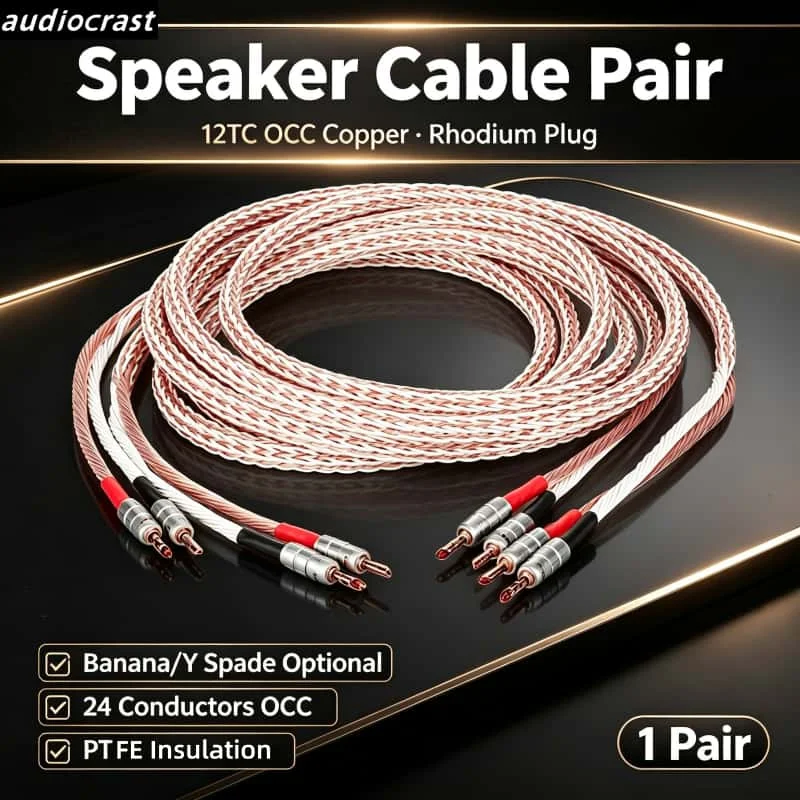 12TC OCC Speaker Cable 2 to 2 Connector Single Crystal Copper Wire with HiFi Audiophile Banana Y Spade Plug for Amplifier