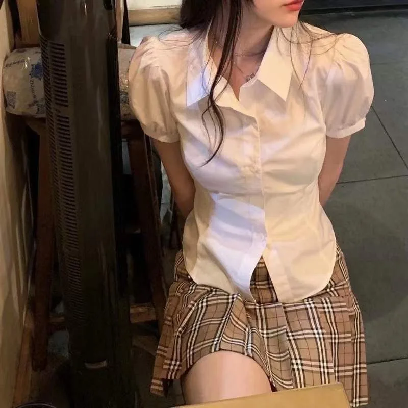 Slim Short Sleeve Shirts Women White JK All-match Hot Preppy Spring Summer Tops Defined Waist Students Lace-up Female Chic Mujer