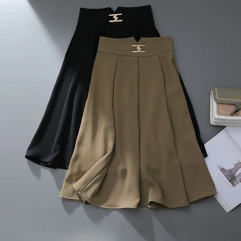 Korean Fashion Autumn New Women's Solid High Waist Zipper Sequined Simplicity Office Lady Loose Mid-length A-line Pleated Skirt