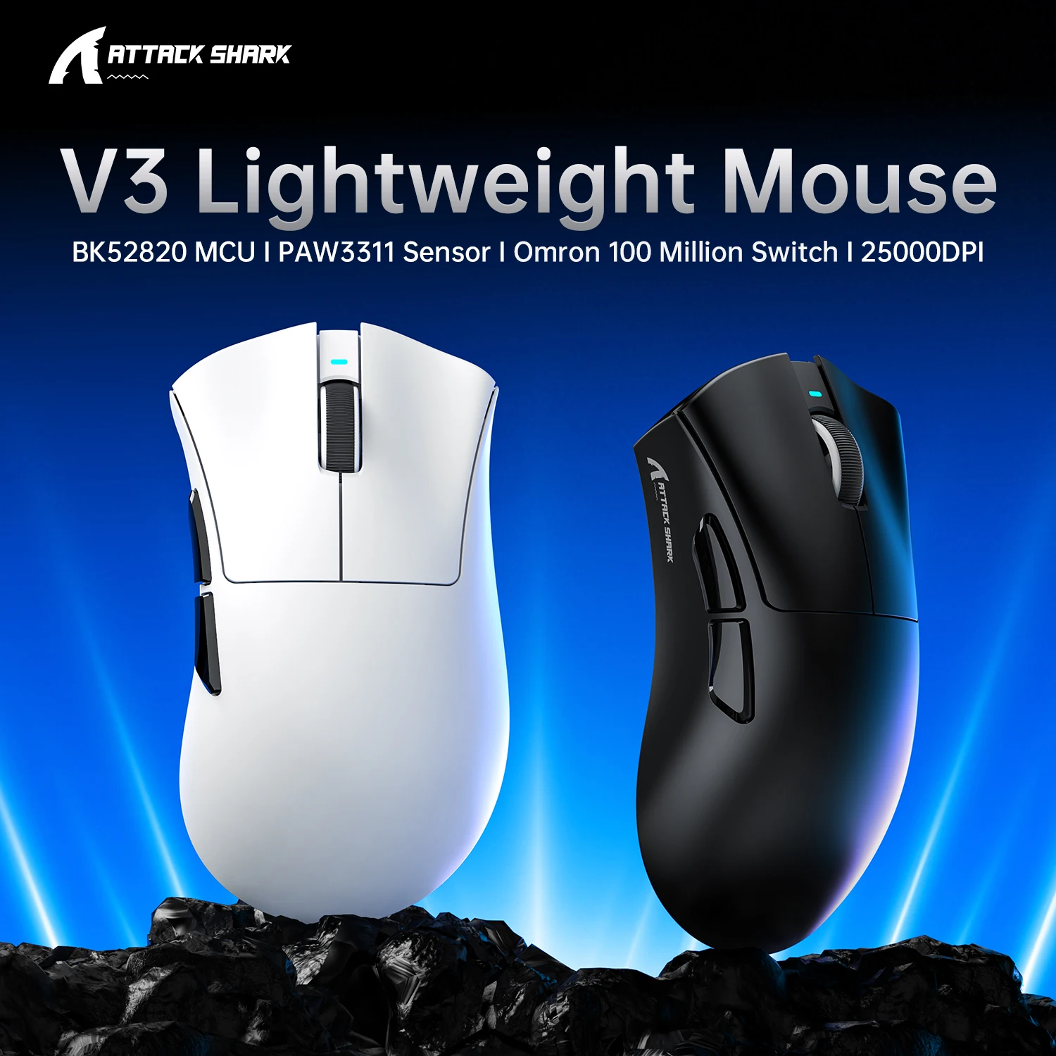ATTACK SHARK V3 Tri-Mode Wireless Mouse 2.4G/Bluetooth/Wired Connection PAW3311 25K DPI Ergonomic for PC Office Work Design