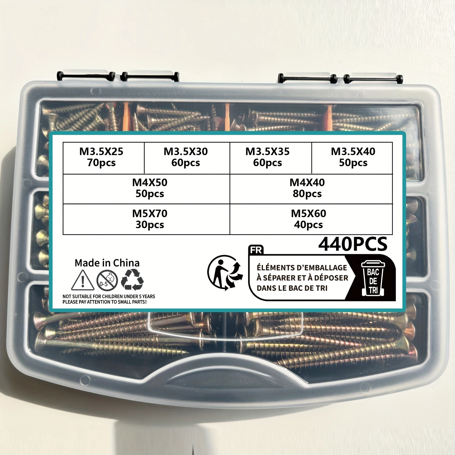 

440 piece wooden screw combination kit - galvanized carbon steel, flat head, cross drive, M3.5/M4/M5 size