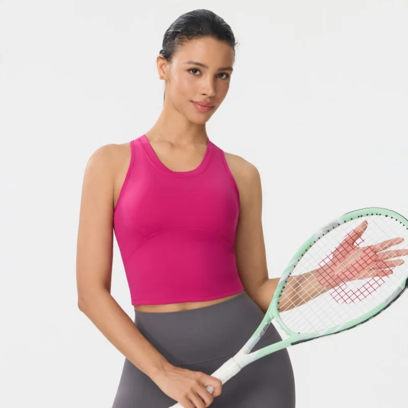 Women's Yoga Tank Top with Built-in Pads, Non-slip Cups, Shock-absorbing Sports Bra, U-shape Neck, Side Breast Support Top