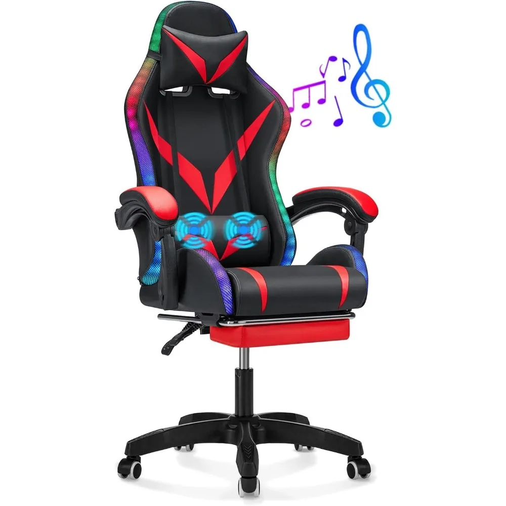 Gaming Chair with Speakers and LED Lights, Massage and Footrest, Adjustable Armrest, Ergonomic Computer Chair