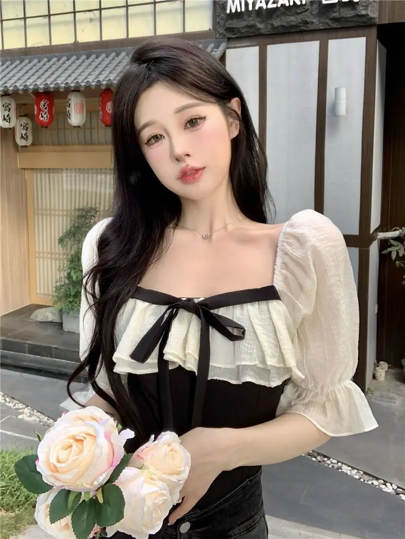 Crop Blouses Women Ruffles Chic Sweet Vintage French Style Short-sleeve Aesthetic Halter Hot Summer Leisure Fashion Patchwork