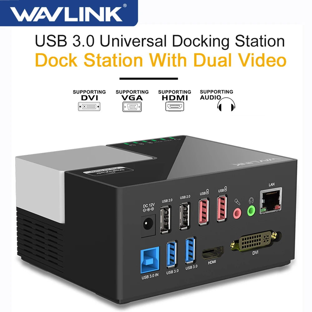 

Wavlink Universal USB 3.0 Docking Station 2 Video Display Up to 2048×1152 HDMI/DVI/VGA/Gigabit Ethernet USB HUB For Windows Mac