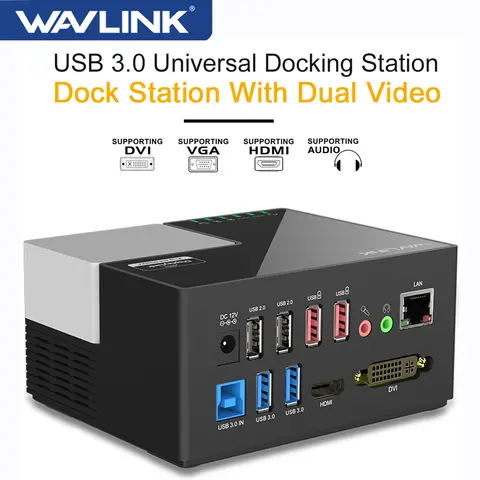 Wavlink-범용 USB 3.0 도킹 스테이션 2 비디오 디스플레이, 최대 2048 × 1152 HDMI/DVI/VGA/기가비트 이더넷 USB 허브 Windows mac용