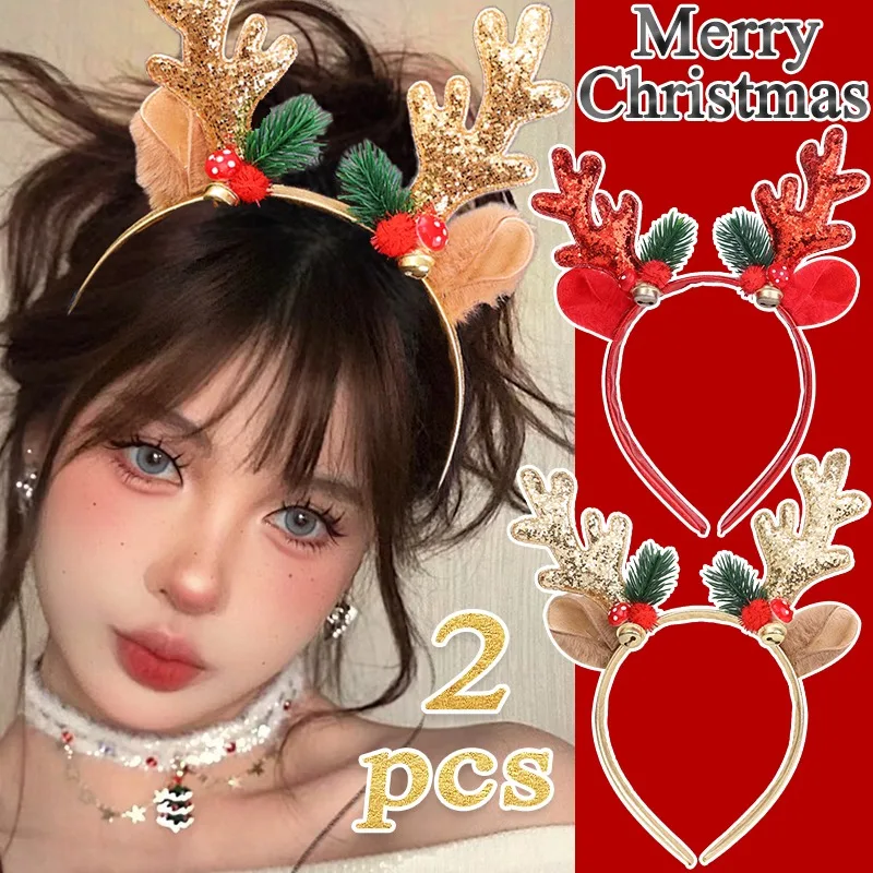 Christmas Sparkling Deer Horn Headband Lovely Little Bell Hair Hoop Solid Color Antlers Hair Band Festival Decorative Headwear