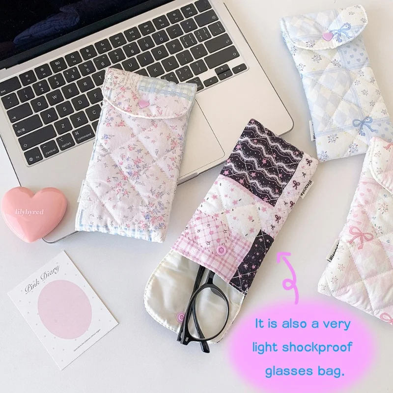 1pcs Bow Snap Pen Bag Portable Small Floral Stationery Fabric Storage Bag Glasses Bag Cosmetic Bag, Sunglasses Protection Bag