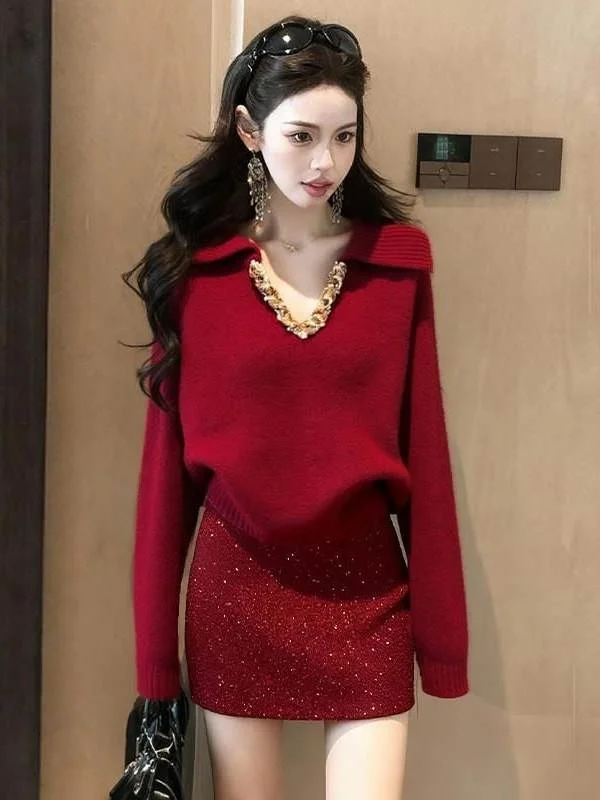 

Red Diamond Embellied Sweater Skirt Set Small Fraance Sle Winter Casual Wear Thiened V-Ne irt mid High Waist