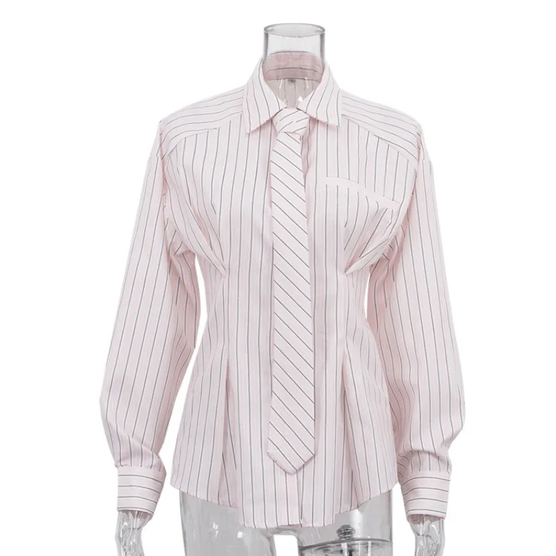 

Temperament Commuter Printed Striped Shirt Women's 2026 Lapel Long Sleeve Design Waist Shirt