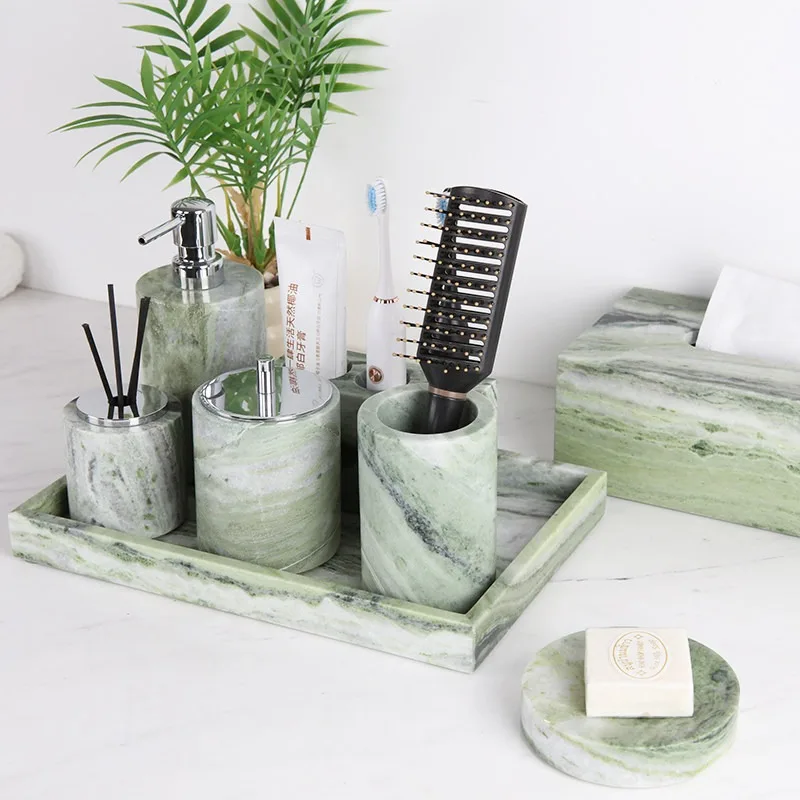 Luxury Marble Bathroom Combo Kit Hotel Soft Decoration Tissue Tray Wash Accessories With Fragrance Bottle For Toilet Counter