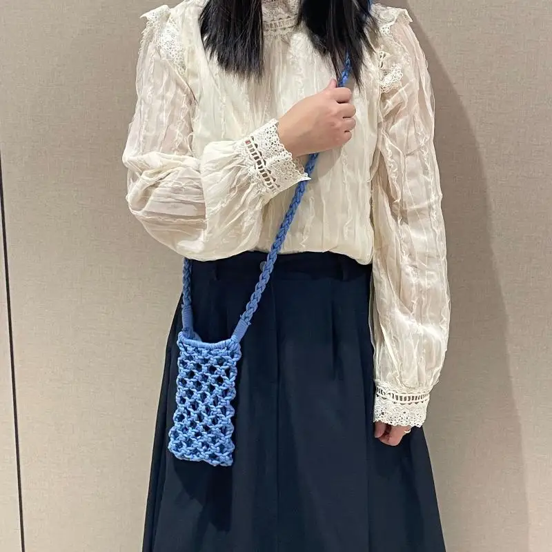 Hollow Out Woven Crochet Small Crossbody Phone Bag Women Solid Color Lightweight Braided Shoulder Bag