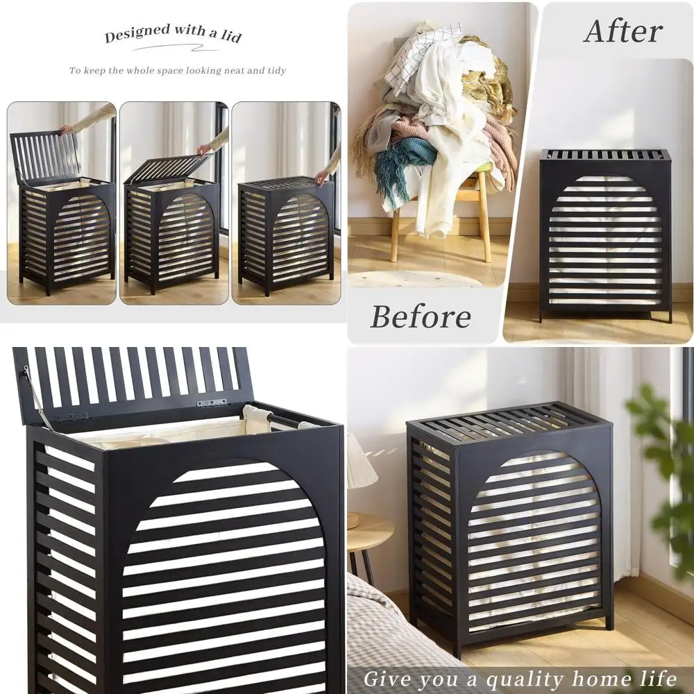 

Корзина для белья с бамбуковой крышкой и съемной 2-секционной подкладкой, большое хранилище для предметов первой необходимости черного цвета