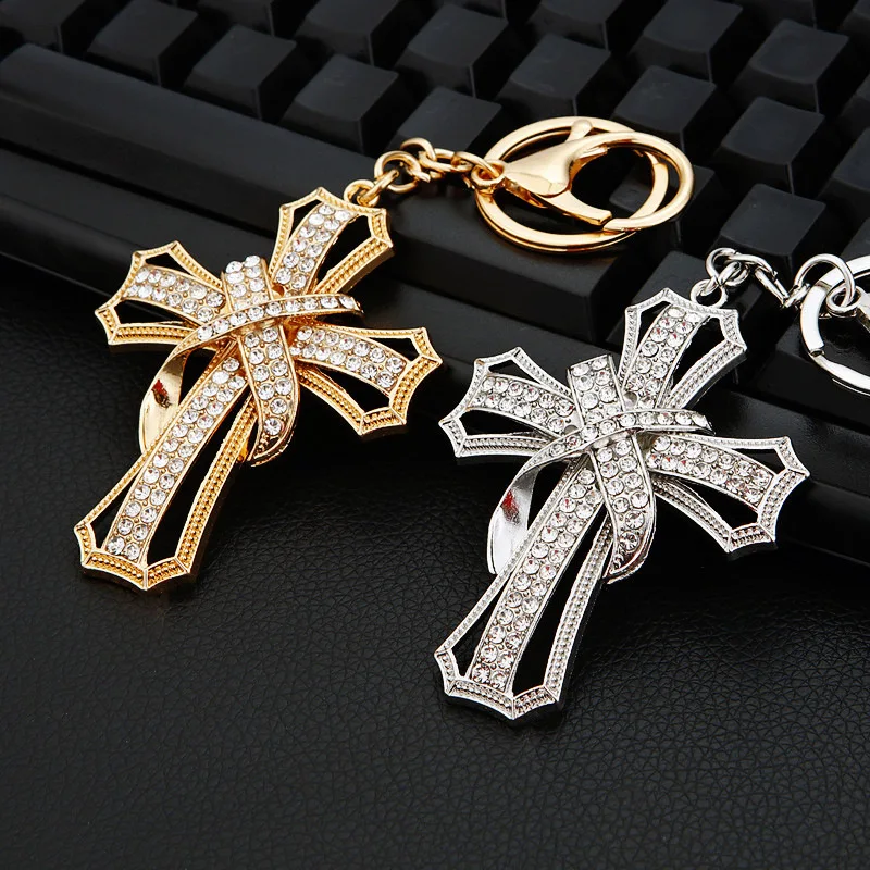 Catholic Cross Keychain for Women/Men Rhinestone Alloy Gold/Silver Color Religious Christ Keyring Bag Charm Jewelry