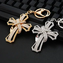 Catholic Cross Keychain for Women/Men Rhinestone Alloy Gold/Silver Color Religious Christ Keyring Bag Charm Jewelry