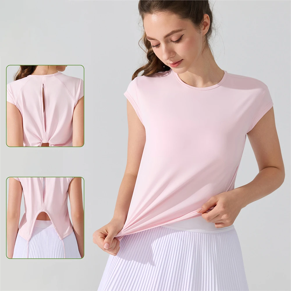 Женский спортивный топ, красивая футболка с короткими рукавами на спине, дышащая полая защита от солнца UPF50, спортивная одежда для бега, фитнеса, йоги