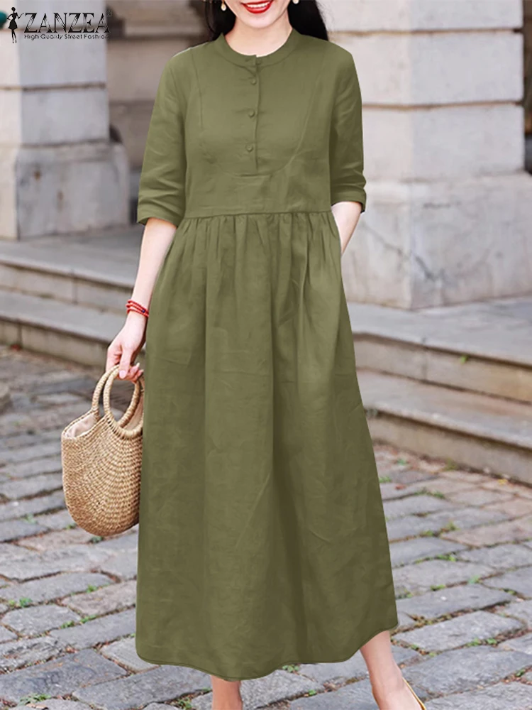 ZANZEA Fashion Summer Half Sleeve Sundress Women Elegant OL Work Midi Dress Solid Pleated A-line Vestidos Casual Buttons Up Robe