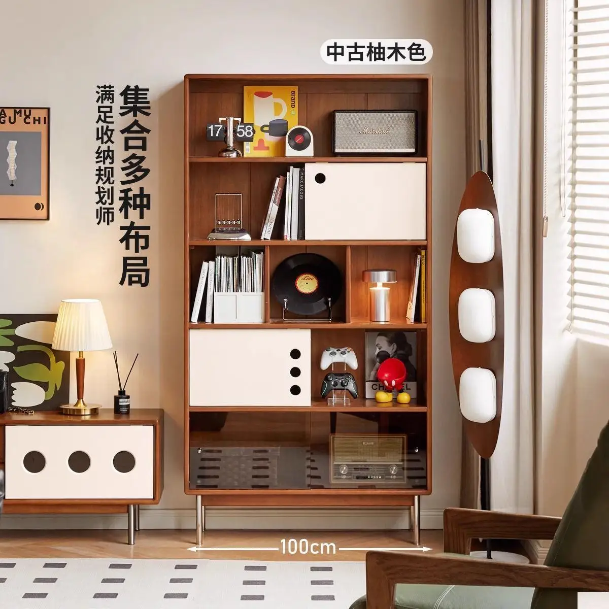 Solid wood bookcase study antique color matching locker retro display cabinet household simple storage cabinet