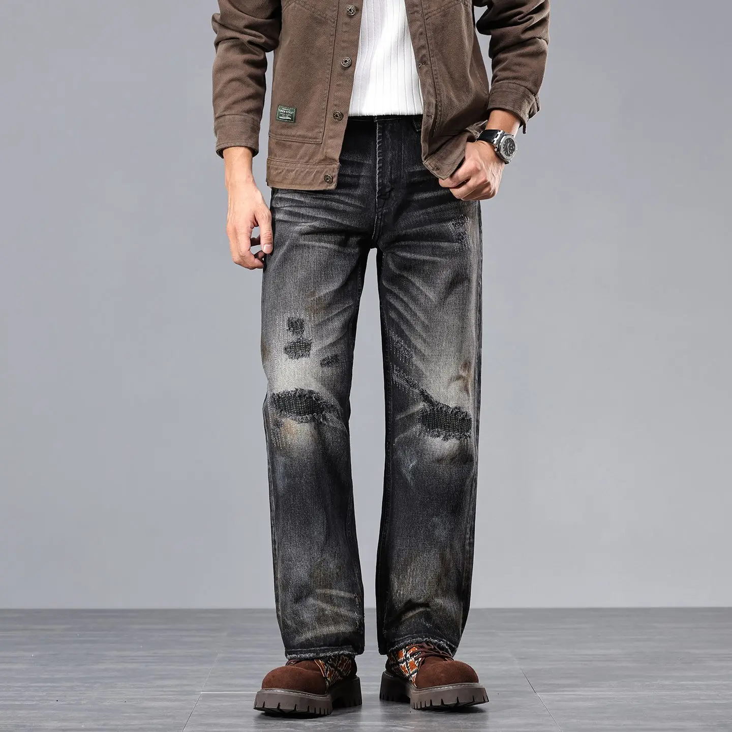 Men's 100% Cotton Designer Ripped Denim Jeans Fall Whiskered & Distressed American Vintage Washed Faded Straight-Leg Pants