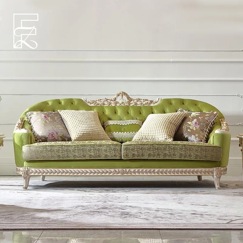 European French Palace Vintage Champagne Gold Square 3-Seat Straight Fabric Sofa Hand Carved Solid Beech Frame Villa Custom