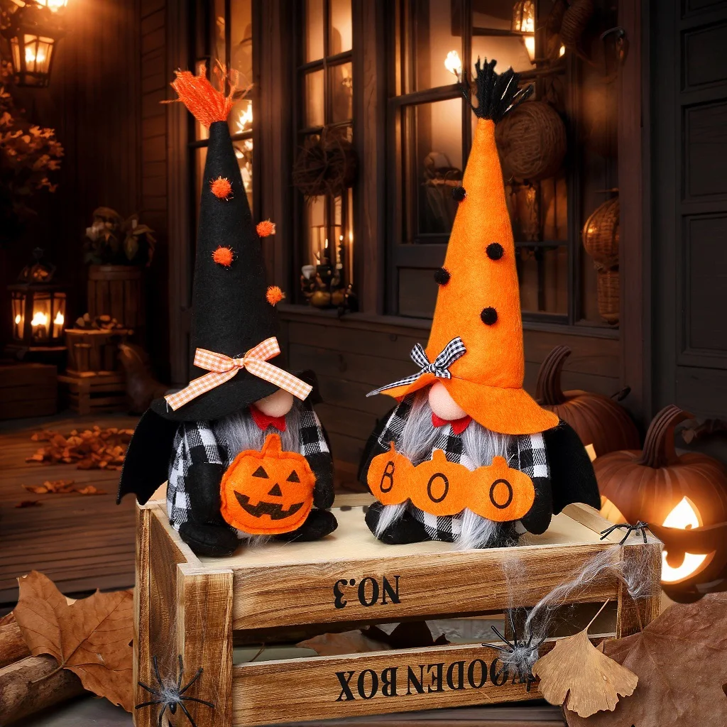 2 Stück Halloween Gesichtsloser Gnom-Elf Plüschtier mit Kürbis & Fledermausflügeln Tischdekoration Feiertagsgeschenk